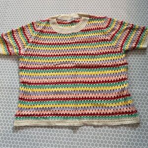 NWOT Angashion Cream Multicolor Crochet Short Sleeve Sweater Top Size XL